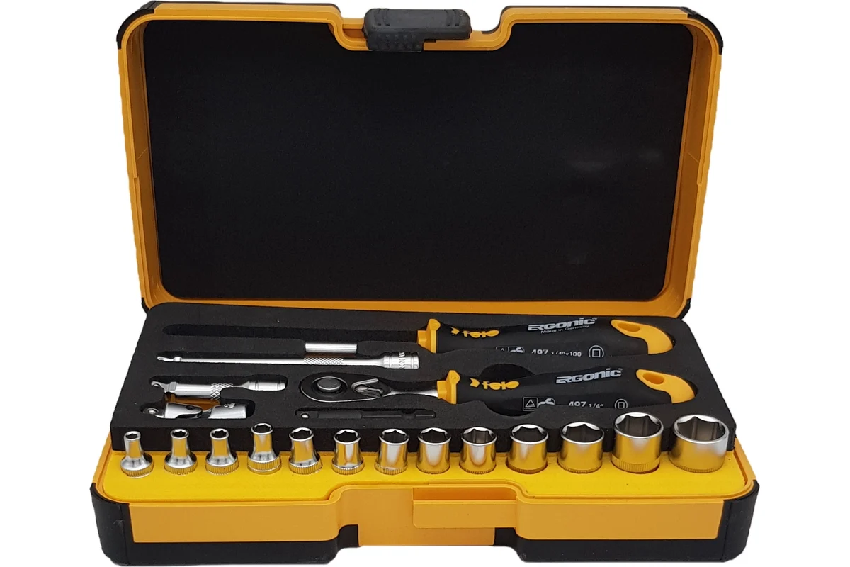 Набор дюймовых головок с трещоткой и отверткой 1/4" Felo ERGONIC в кейсе, 19 шт 05781956 — детальное фото